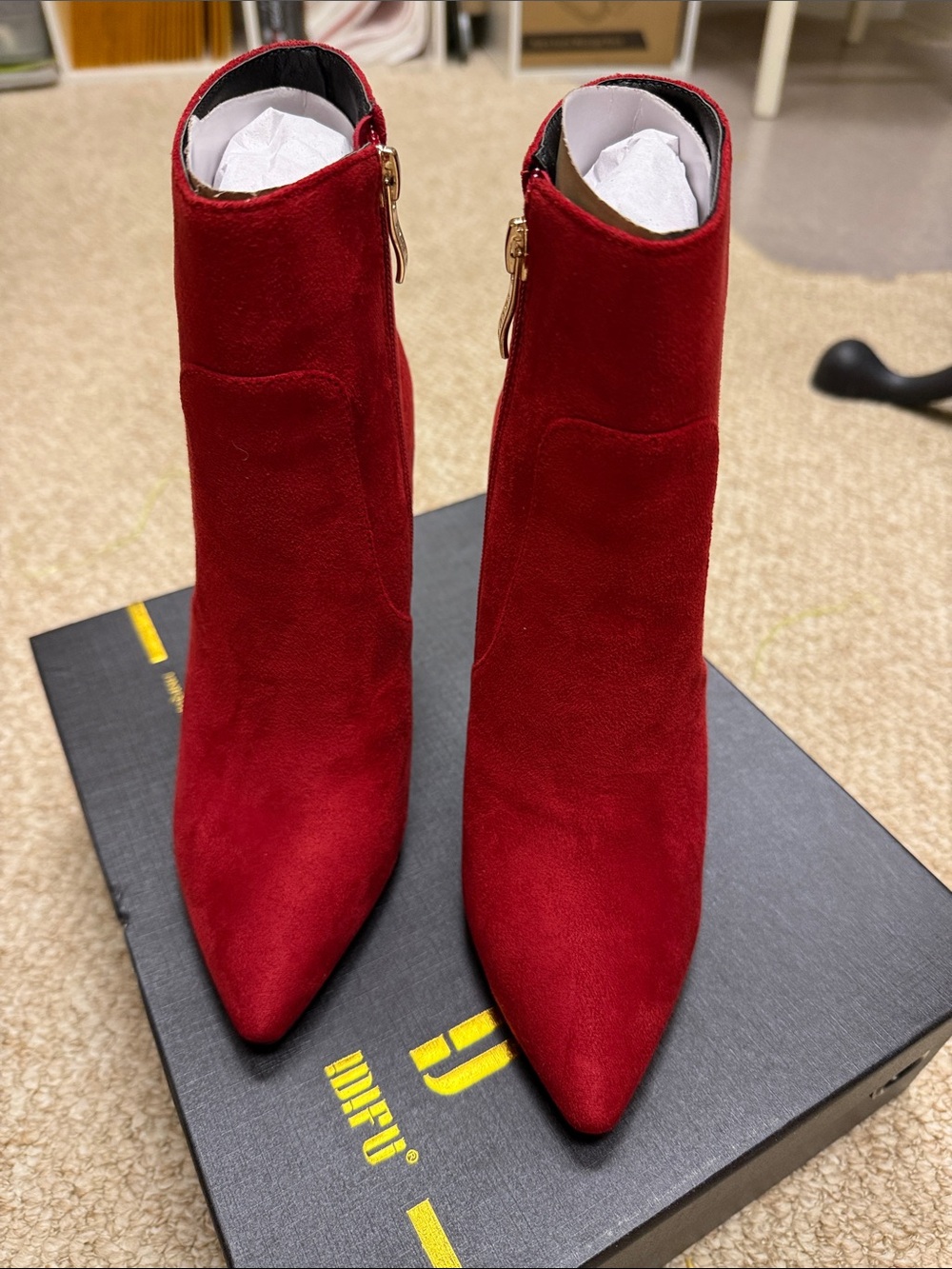 IDIFU Red Suede Pointed Toe Ankle Booties with Side Zip